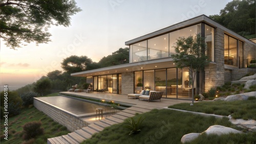 Modern Minimalist Hillside House with Glass Walls, Stone Accents, and Koi Pond at Golden Hour