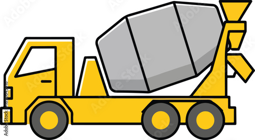Yellow cement mixer truck transports concrete on construction site, delivering materials for building foundations and infrastructure projects, symbolizing industry and progress.