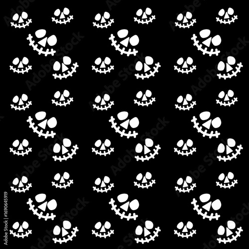 seamless pattern with gears, Seamless pattern featuring white Jack-o'-lantern faces on a black background