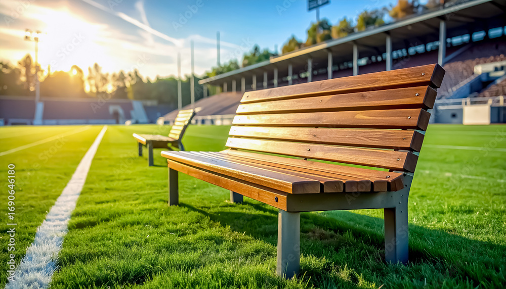 Obraz premium Wooden Sideline Bench on American Football Field Grass