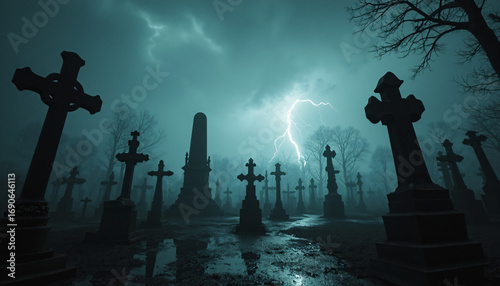 Cemetery with Tombstones Under Lightning Storm