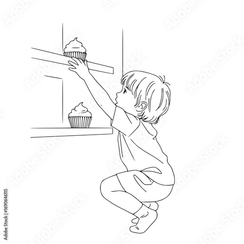 Child reaching for cupcake vectors: Young child reaching for cupcakes on high shelf in kitchen  