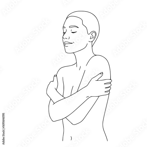 Person hugging self vector: Young woman embracing herself with a calm expression on white background  