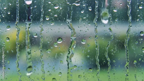 Raindrops Sliding Down Glass with Garden View
