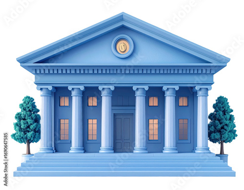 3D rendered light-blue classical government building with columns and trees