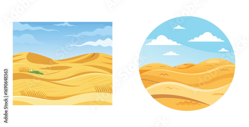 Desert sand dunes with rolling golden waves vector art set design illustration