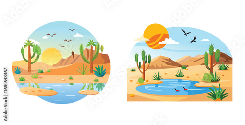 Desert oasis teeming with bird life vibrant palms vector art set design illustration