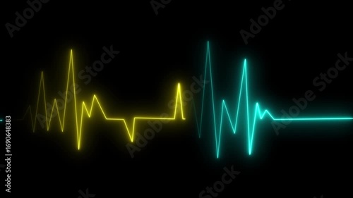 Neon electrocardiogram pulse wave cyan yellow on black background abstract digital health science