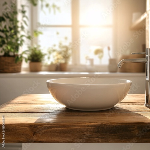Wallpaper Mural Wooden Tabletop with Defocused Bathroom Sink Counter in Morning Sunlight Torontodigital.ca