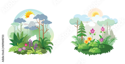 Lush high altitude cloud forest with towering moss vector art set design illustration