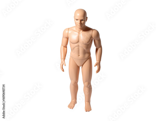 Full shot of a light beige, nude, male mannequin
