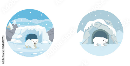 Polar bear den nestled in a snowy ice cave vector art set design illustration