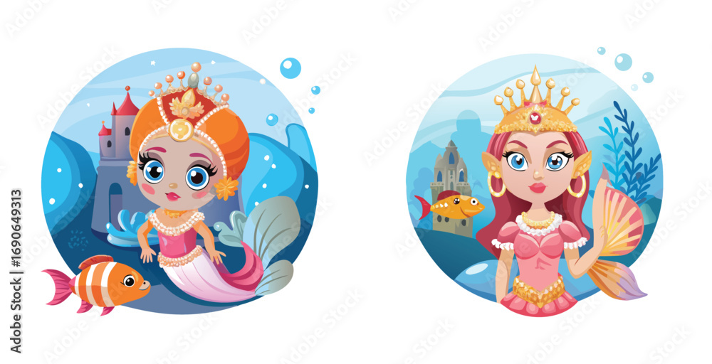 Naklejka premium Regal fish princess avatar with flowing fins cartoon vector art set design illustration