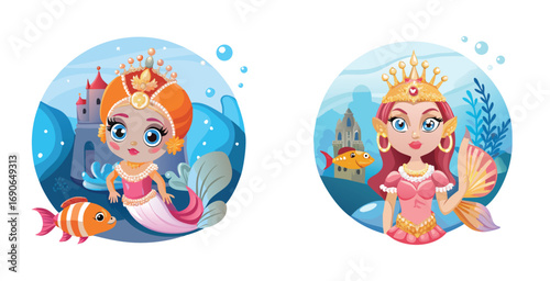 Regal fish princess avatar with flowing fins cartoon vector art set design illustration