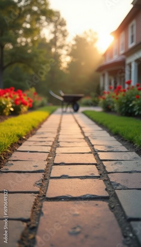A brick garden path in the front yard in the style of landscape photography, with warm golden-green tones, is a symbol of home comfort, landscaping, and landscape design