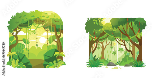 Subtropical rainforest interior with dense green forest vector art set design illustration