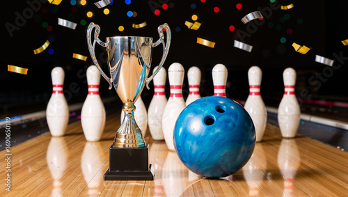bowling with pins and trophies under a shower of confetti