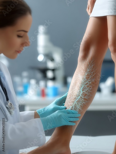 A doctor examining a patient's leg, with an overlay showing spider veins and varicose veins, symbolizing modern vascular health and treatment.
