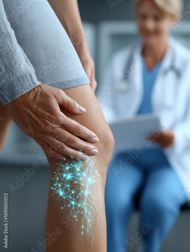 A woman holding her leg, with a digital overlay of spider veins, symbolizing the struggle and a need for professional treatment of varicose veins.