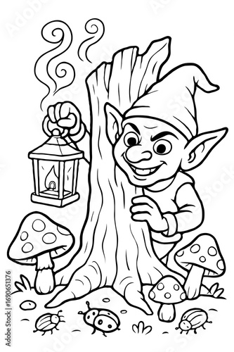 A sneaky little goblin holding a lantern, hiding behind a tree stump in a mushroom forest, a Halloween coloring page.