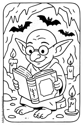  A friendly little goblin wearing glasses, reading a magic spellbook in a spooky, candlelit cave, a Halloween coloring page.