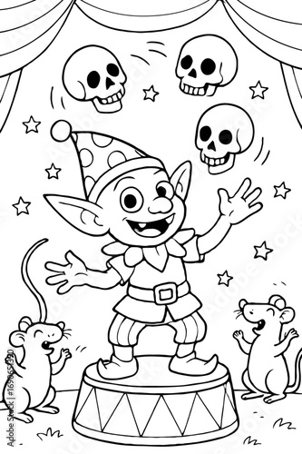 A cheerful Halloween goblin clown juggling skulls on a circus stage, a fun spooky coloring page for children.