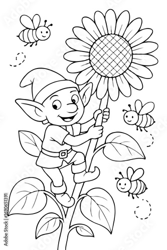 A happy little elf climbing a giant sunflower as bees fly around, a charming fantasy coloring page for children.
