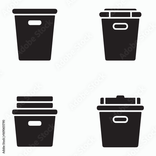 Storage bins solid icons set household storage