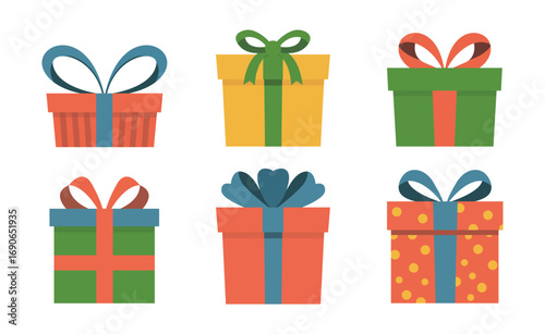 set of colorful gift boxes vector illustration. collection for birthday, christmas, holiday. Wrapped package illustration with bow. Surprise party element. Flat cartoon design.