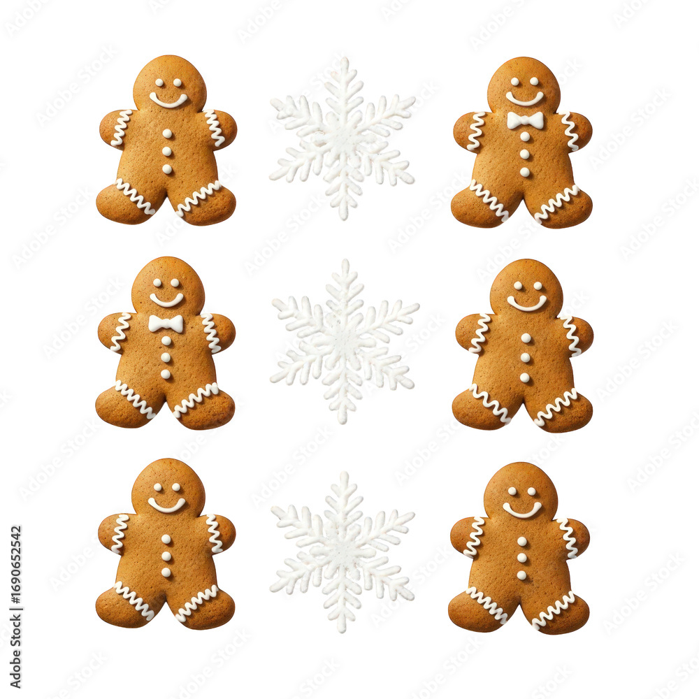 Fototapeta premium Six gingerbread cookies and snowflakes isolated on transparent background
