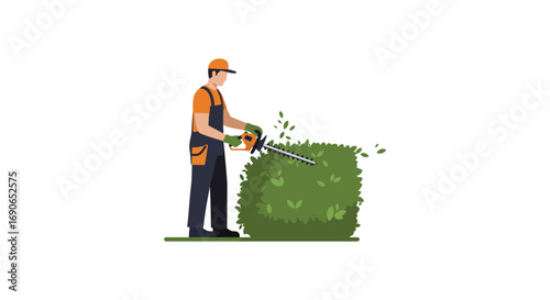gardener trimming bushes with electric shears in garden