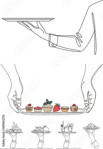 set of restaurant waiter brings tray of food linear vector