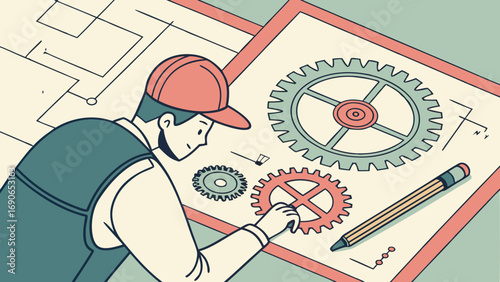 Engineering design gears mechanism technician blueprint plan project teamwork industry technology cogs wheels construction manufacturing innovation creativity solution problem solving work process de.