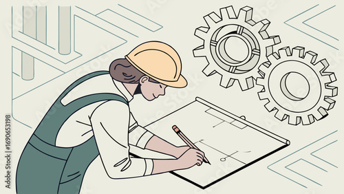 Engineering Design Technician Drawing Blueprint Gears Construction Industrial Worker Helmet Mechanical Profession Technology Drafting Plan Project Skill Expertise Precision Accuracy Detail Diagram Ma.