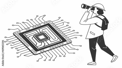 Exploring the Future of Technology Person with Binoculars Investigating a Microchip Illustration.