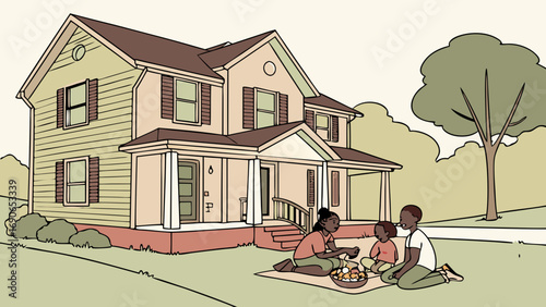 Family having a picnic in front of their house.