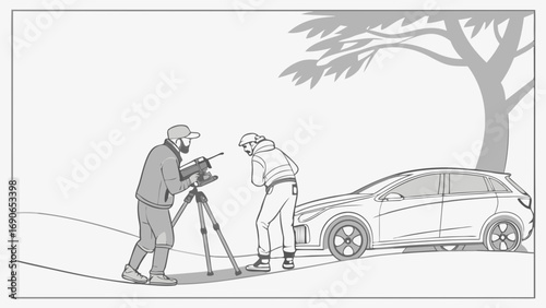 Filming a car commercial two men working together outdoor shoot video production illustration.