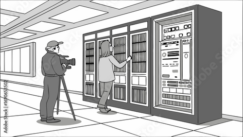 Filming a woman interacting with a large server rack in a hallway.