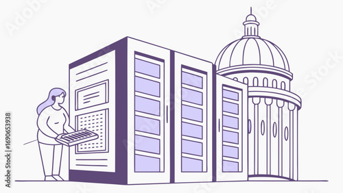 Illustration of a person interacting with a large server rack next to a government building.