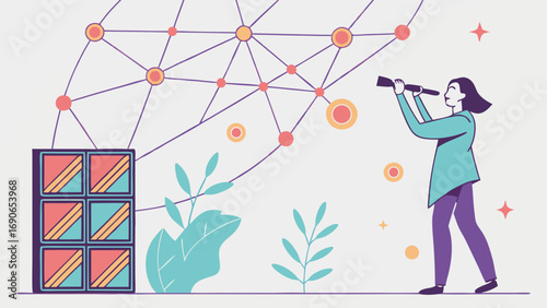Illustration of a person using a telescope to view a network connection vector graphic abstract concept.