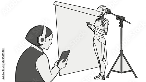 Illustration of a person using technology to interact with a robot during a photoshoot or presentation.