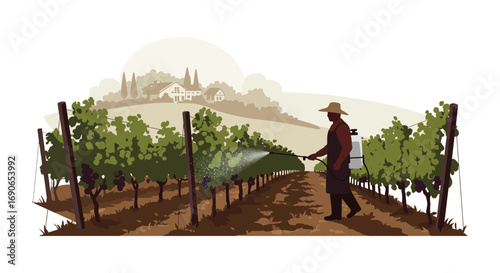 farmer watering vineyard under clear sky with distant hills