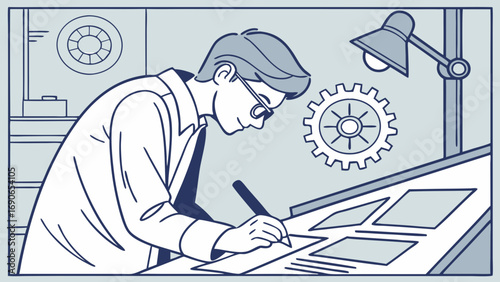 Illustration of a person working on a design project at a desk with gear icon and desk lamp in the background.