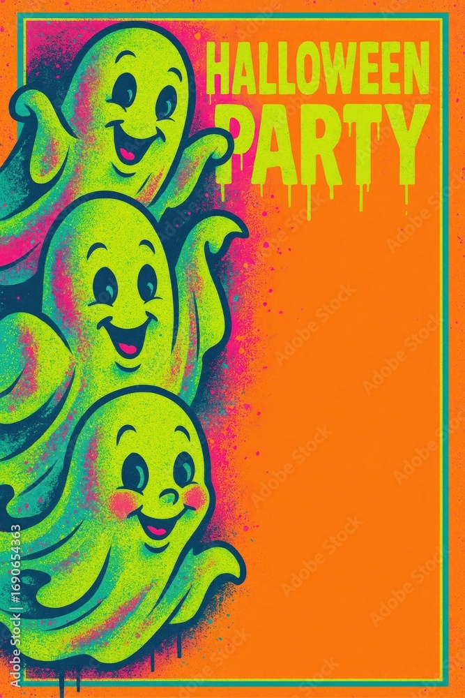 Obraz premium Neon cartoon ghosts with copy space. Perfect for kids Halloween parties, classroom décor, seasonal crafts, and festive advertising 