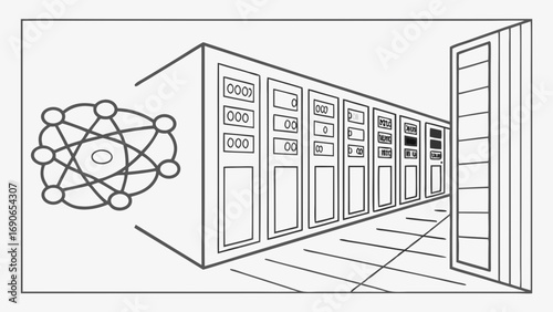 Illustration of a server room with atom symbol data center technology concept digital infrastructure network cloud computing web hosting internet database information technology digital transformatio.