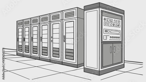 Illustration of a Server Room with Rack Cabinets and Control Panel.