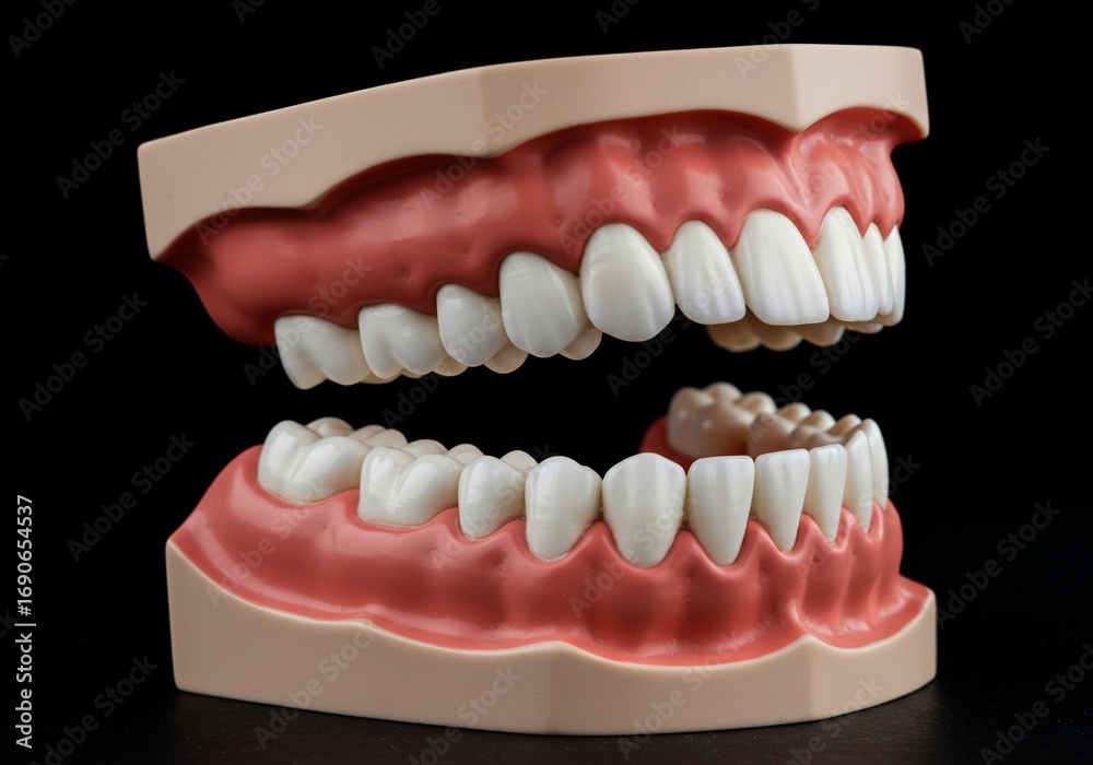 Obraz premium Anatomical model showing the upper and lower jaw with teeth on a black background in a studio shot