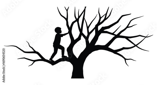a child climbs high into an intricate bare tree silhouette