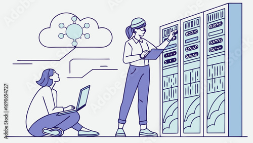 Illustration of two women working with servers and cloud computing technology.