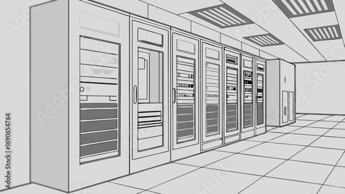 Interior of a server room with multiple racks data center technology infrastructure network equipment.
